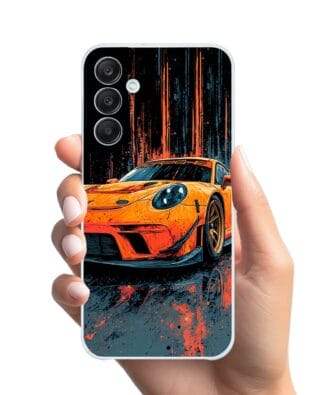 Etui do Samsung Galaxy M35 5G przeźroczyste, silikonowe Flexi, Szybkie Auta, Pomarańczowa 911