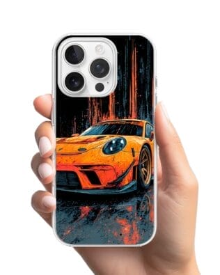 Etui do iPhone 14 Pro przeźroczyste, silikonowe Flexi, Szybkie Auta, Pomarańczowa 911