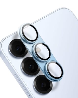 Metalowa osłona na cały aparat z wbudowanymi szkłami do Samsung S25 Plus, błękitna